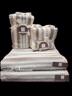 8pc Soho Living 2 Bath 2 Hand 4 Washcloth Set Striped Rope Blue Gray Towel Set
